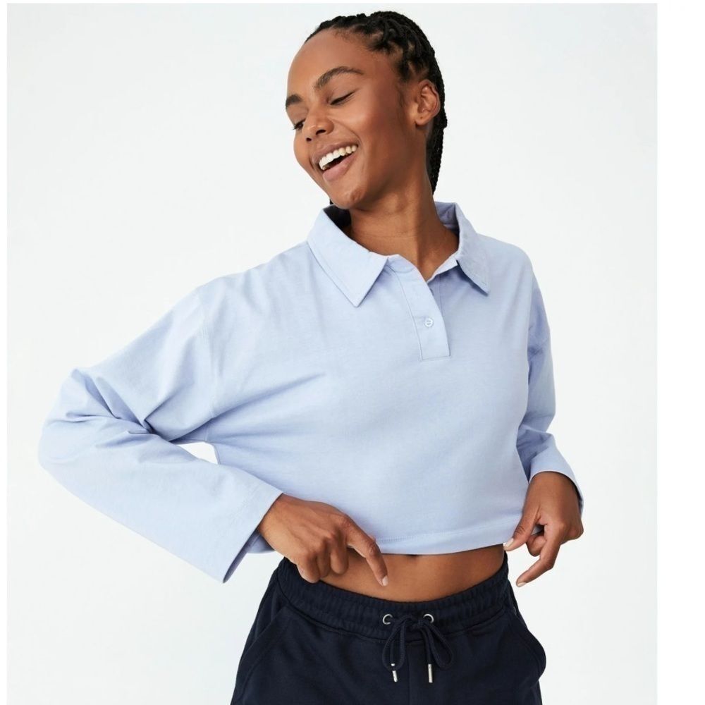 COTTON ON BODY WOMEN'S POLO LONG SLEEVE TOP BLUE SIZE S